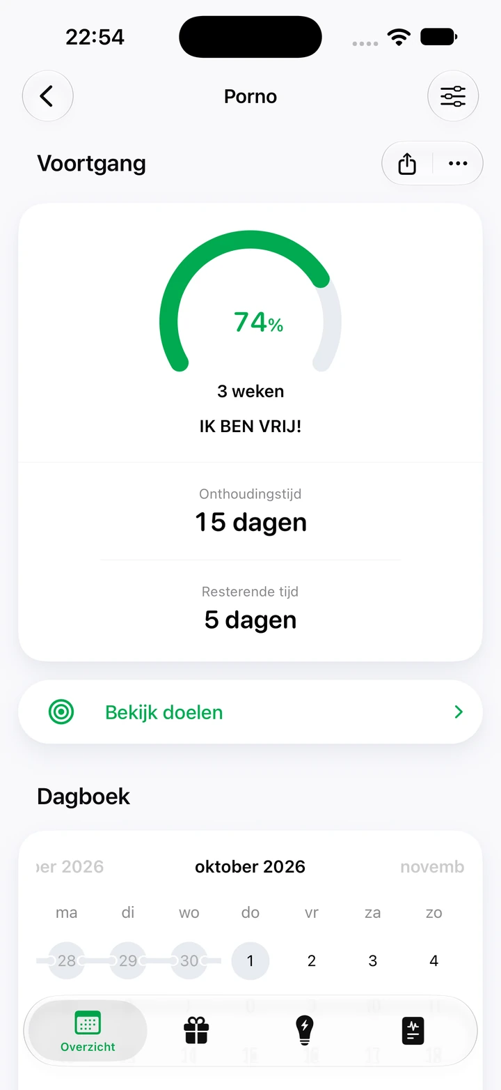 Voortgangsscherm voor porno: 15 dagen onthoudingstijd en 74% van een doel van 3 weken, met daaronder een kalender met een reeks pornovrije dagen