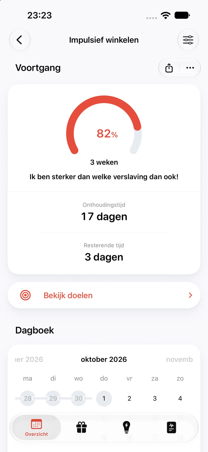 Voortgangsscherm voor impulsief winkelen: 82% van een doel van 3 weken op de voortgangsring, 17 dagen onthouding en nog 3 dagen te gaan, met de dagboekkalender eronder