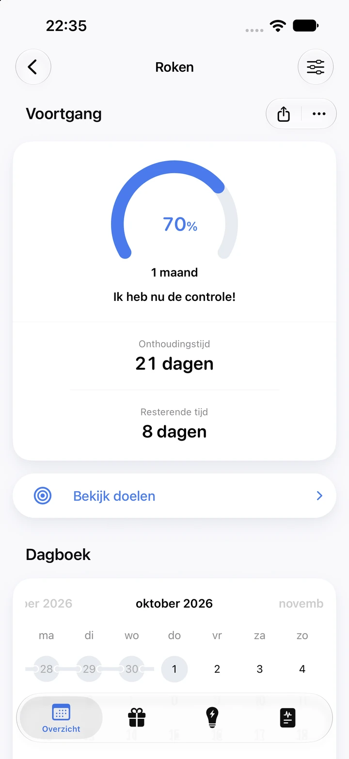 Voortgangsscherm van Quitzilla: Roken