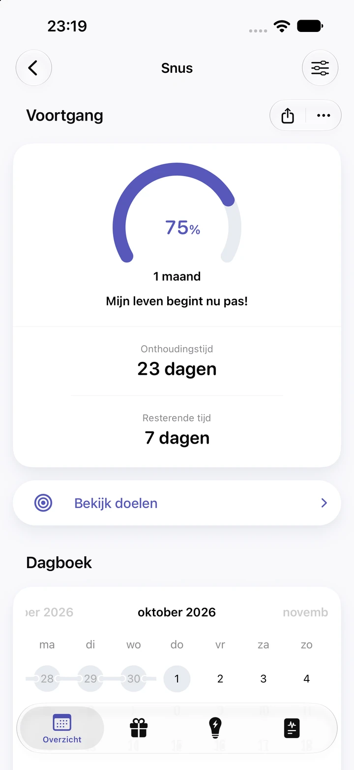 Voortgangsscherm van Quitzilla: Snus
