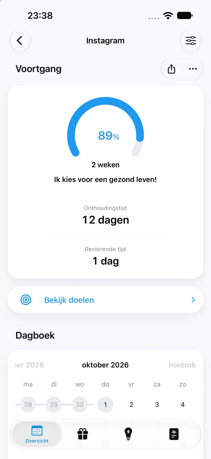 Voortgangsscherm van Quitzilla: Social media