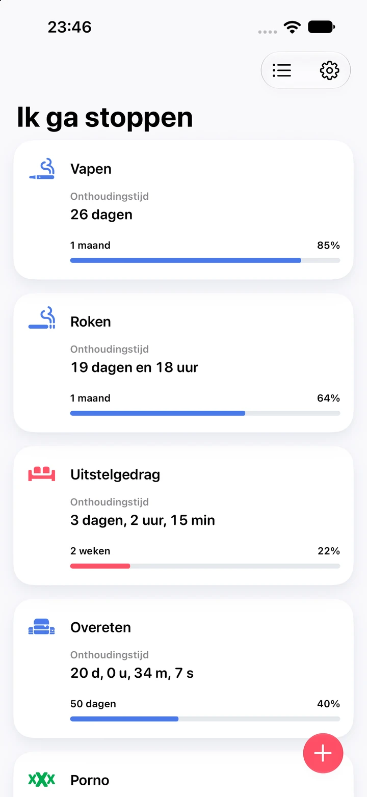 Startscherm van Quitzilla met onthoudingstimers voor vapen (26 dagen), roken (19 dagen en 18 uur), uitstelgedrag en overeten