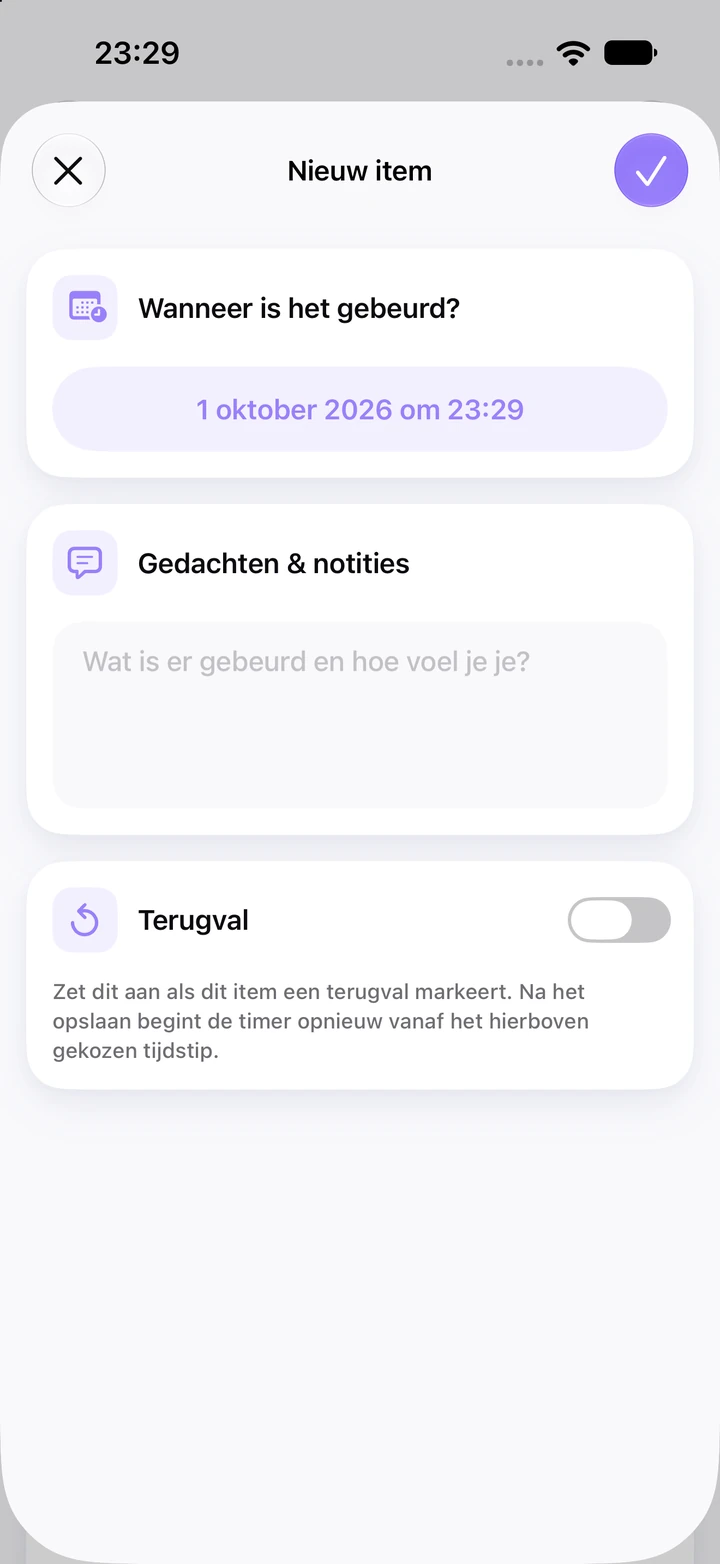 Nieuw dagboekitem voor Nagelbijten op 1 oktober 2026 om 23:29, met een leeg veld Gedachten & notities en de schakelaar Terugval uit