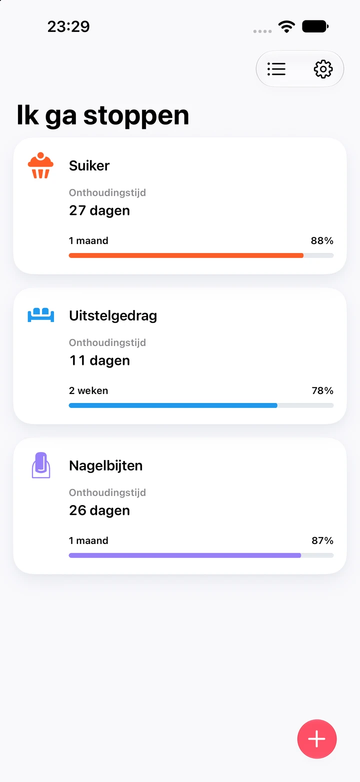 Lijst met gewoontes in Quitzilla onder de titel Ik ga stoppen: Nagelbijten op 26 dagen en 87% van een doel van 1 maand, met daarboven Suiker op 27 dagen en Uitstelgedrag op 11 dagen
