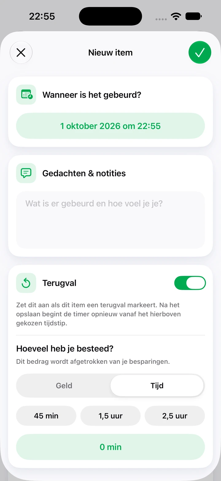 Nieuw item in het dagboek met een notitieveld, de schakelaar Terugval aan en snelle keuzes voor bestede tijd: 45 min, 1,5 uur en 2,5 uur