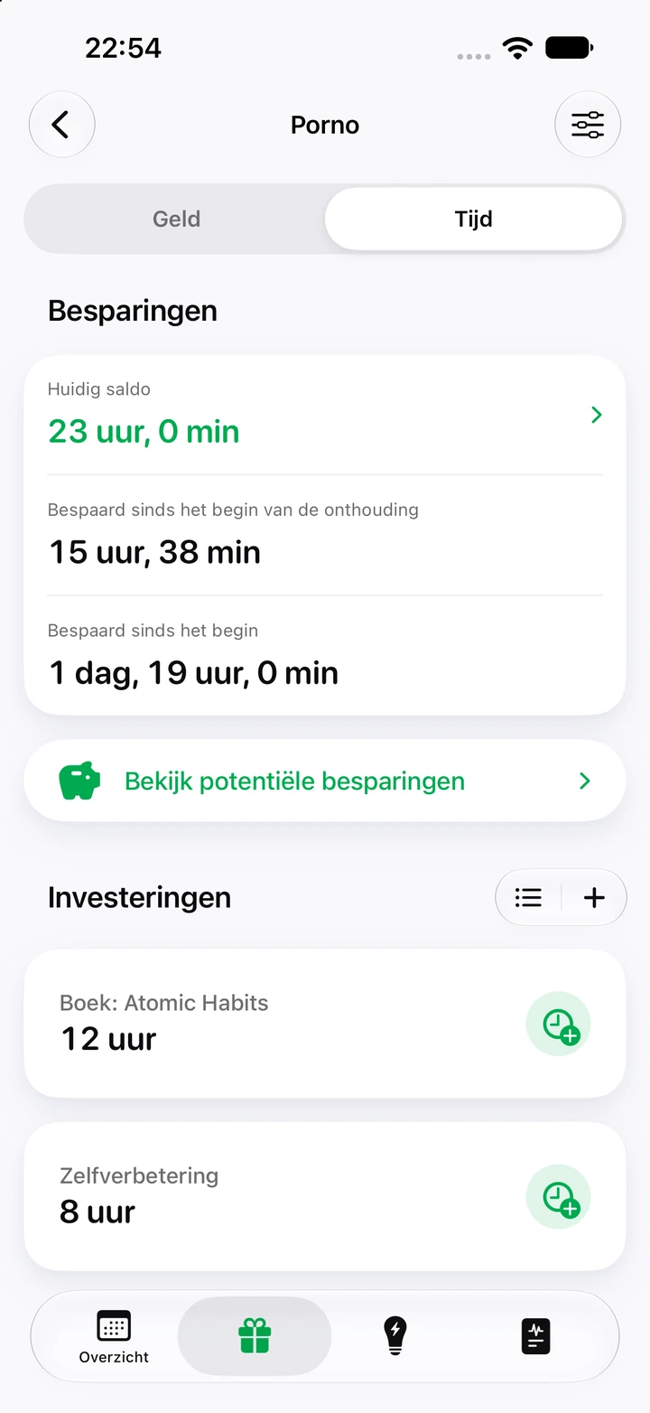 Tijdtabblad voor porno: een saldo van 23 uur, 15 uur en 38 minuten bespaard sinds het begin van de onthouding, en uren geïnvesteerd in een boek en zelfverbetering