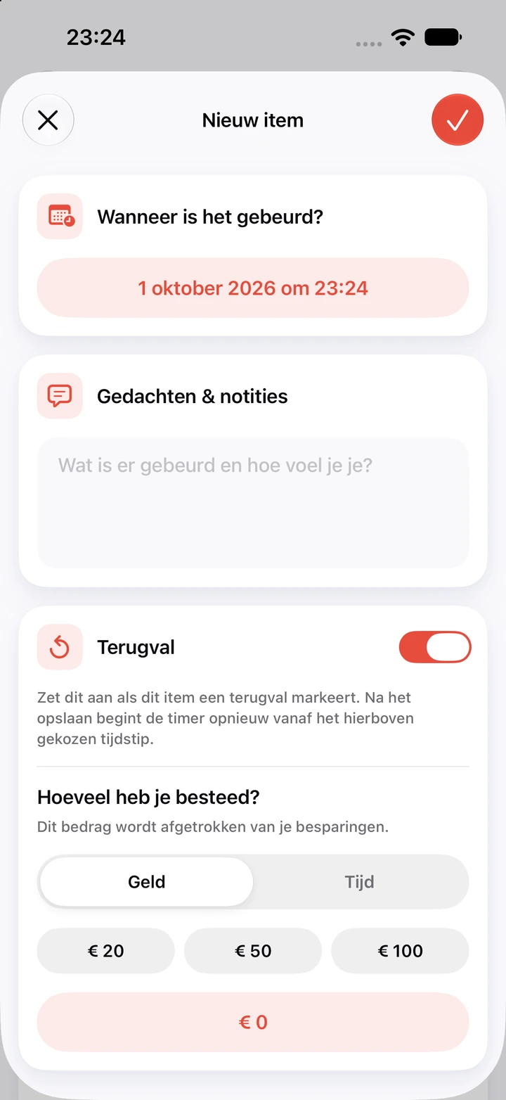 Dagboekformulier voor een terugval: 1 oktober om 23:24, een leeg veld Gedachten & notities, de schakelaar Terugval aan en knoppen van € 20, € 50 en € 100 voor het bestede bedrag