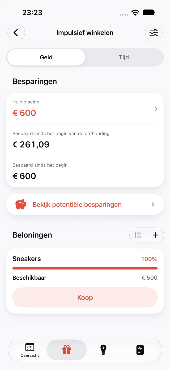 Besparingen voor impulsief winkelen: een huidig saldo van € 600, € 261,09 bespaard sinds het begin van de onthouding en de beloning Sneakers van € 500, gevuld tot 100%, met de knop Koop