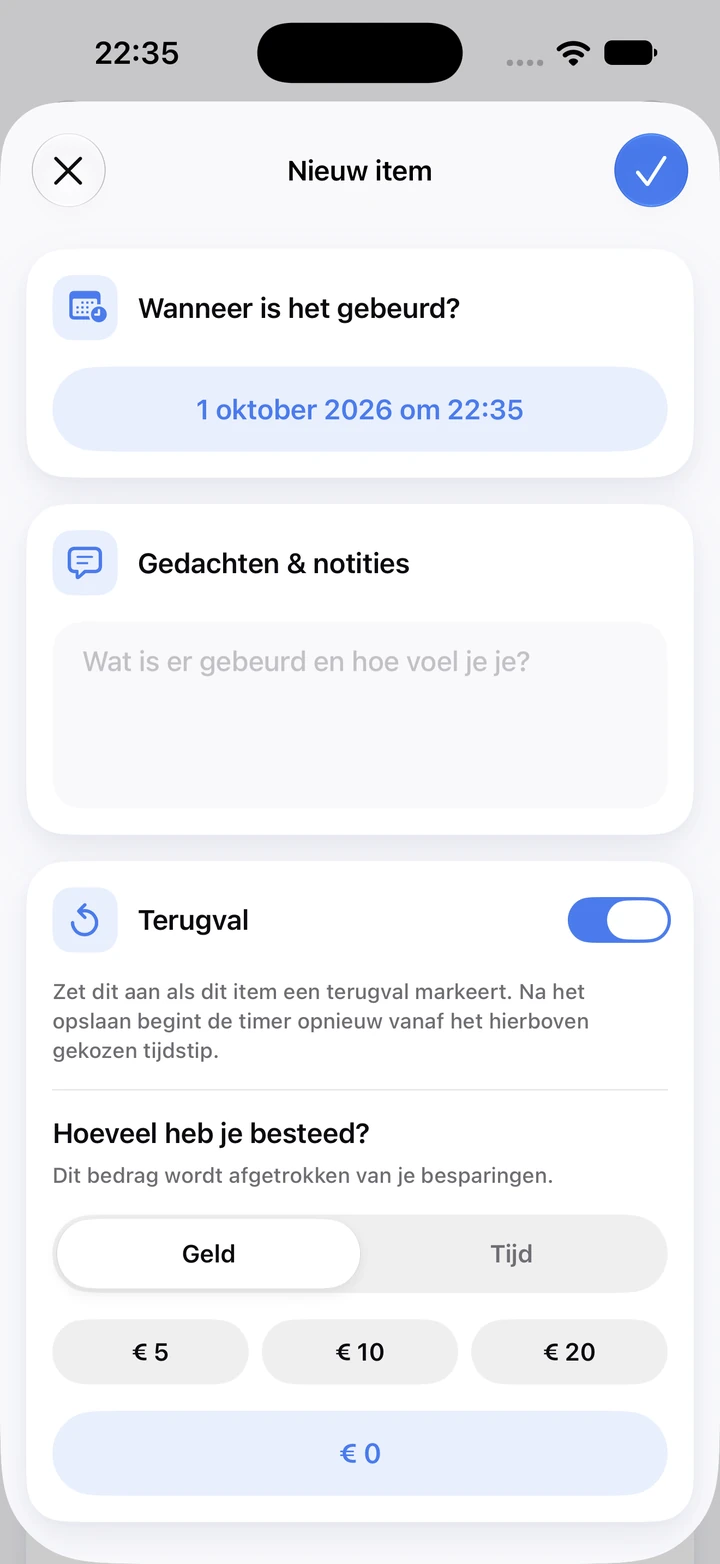 Nieuw item in het dagboek met een notitieveld, de schakelaar Terugval en het bestede bedrag