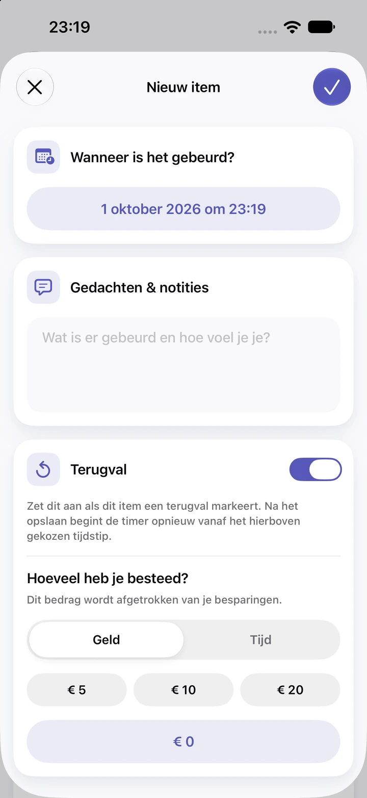 Nieuw item in het dagboek op 1 oktober 2026 om 23:19 met een leeg veld Gedachten & notities, de schakelaar Terugval aan en de opties € 5, € 10 en € 20 voor het bestede bedrag