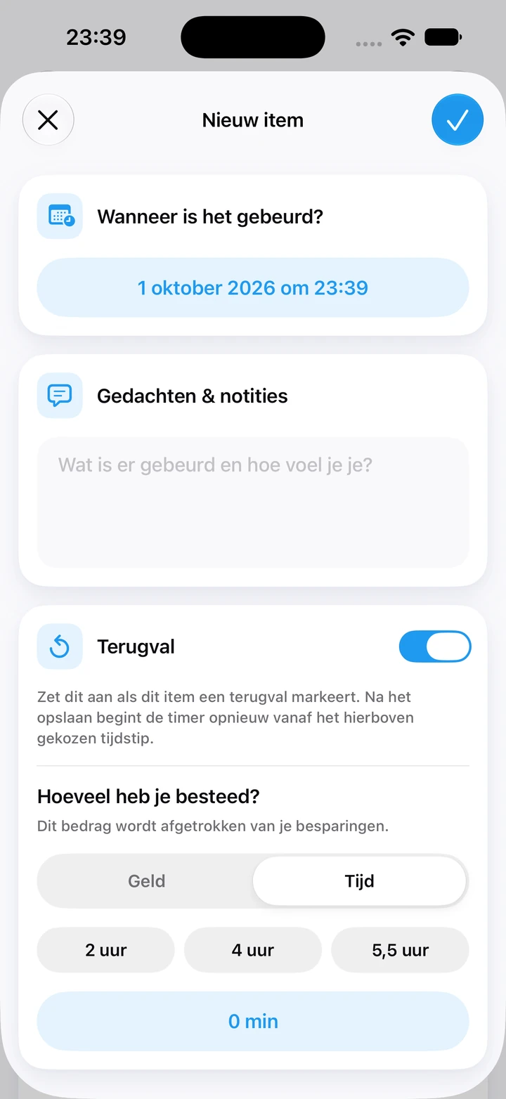 Terugval in het dagboek, ingesteld op bestede tijd, met snelle keuzes van 2, 4 en 5,5 uur en een leeg notitieveld