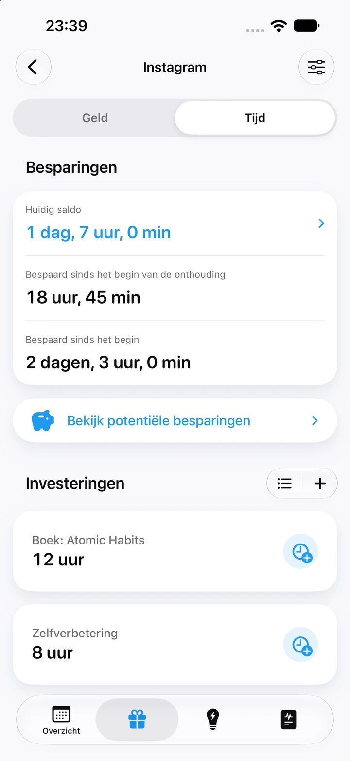 Tijdtabblad voor Instagram: een huidig saldo van 1 dag en 7 uur; 18 uur en 45 minuten bespaard sinds het begin van de onthouding; 2 dagen en 3 uur bespaard sinds het begin; en investeringen van 12 uur in een boek en 8 uur in zelfverbetering