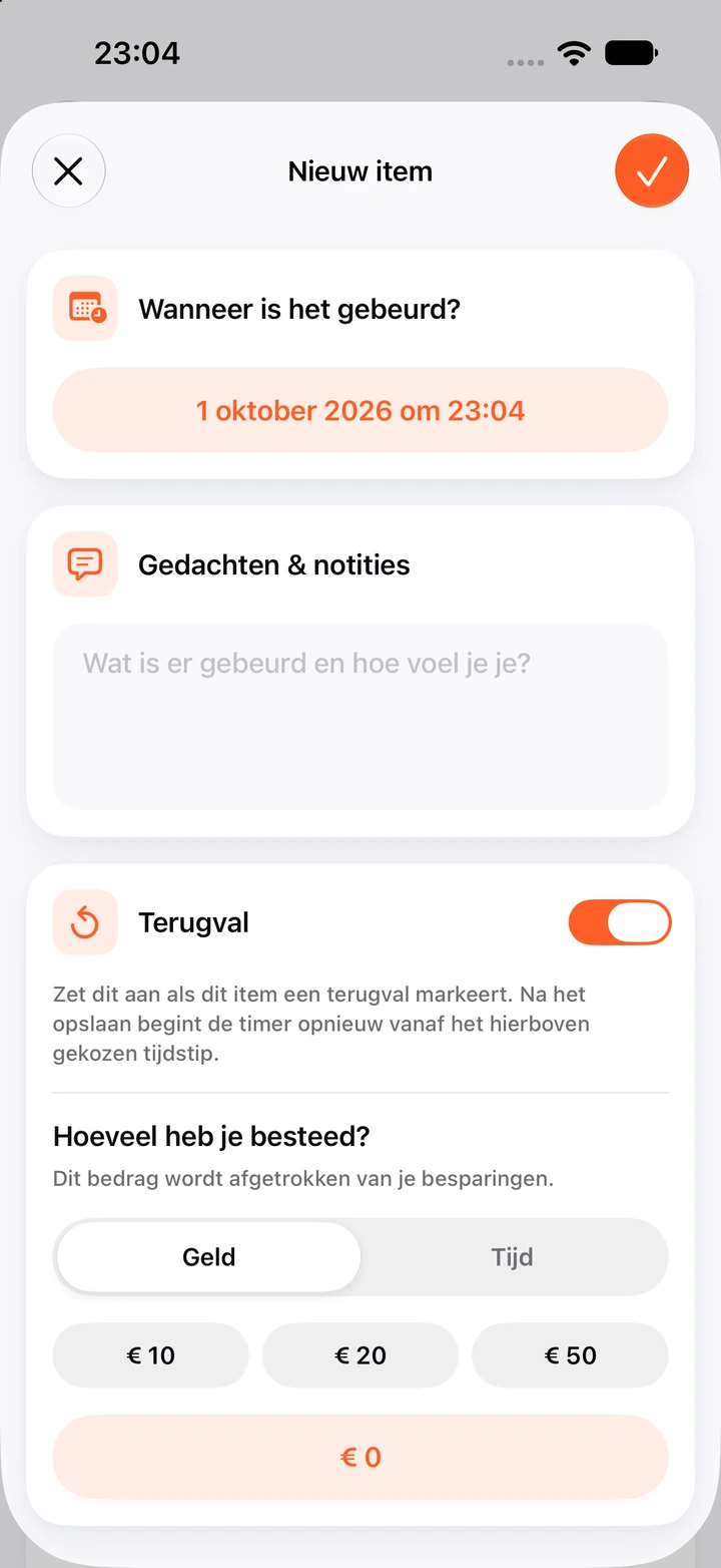 Nieuw item in het dagboek met de datum, een leeg notitieveld, de schakelaar Terugval aan en snelle bedragen van € 10, € 20 en € 50
