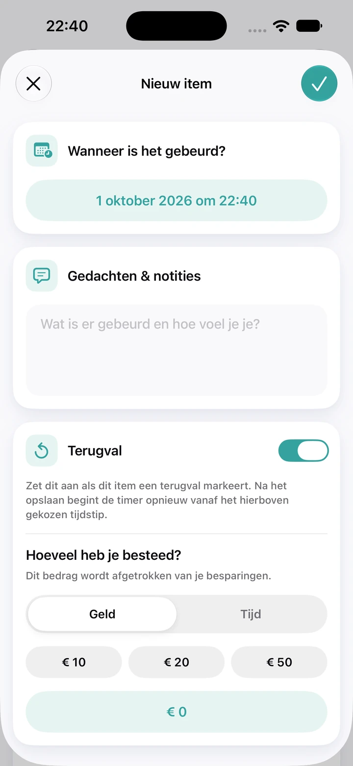 Nieuw item in het dagboek: datum en tijd, een leeg veld Gedachten & notities, de schakelaar Terugval aan en een veld voor het bestede bedrag