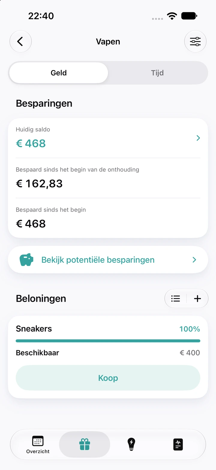 Geldtabblad voor vapen: een huidig saldo van € 468, € 162,83 bespaard sinds het begin van de onthouding en de beloning Sneakers van € 400 op 100%, klaar om te kopen