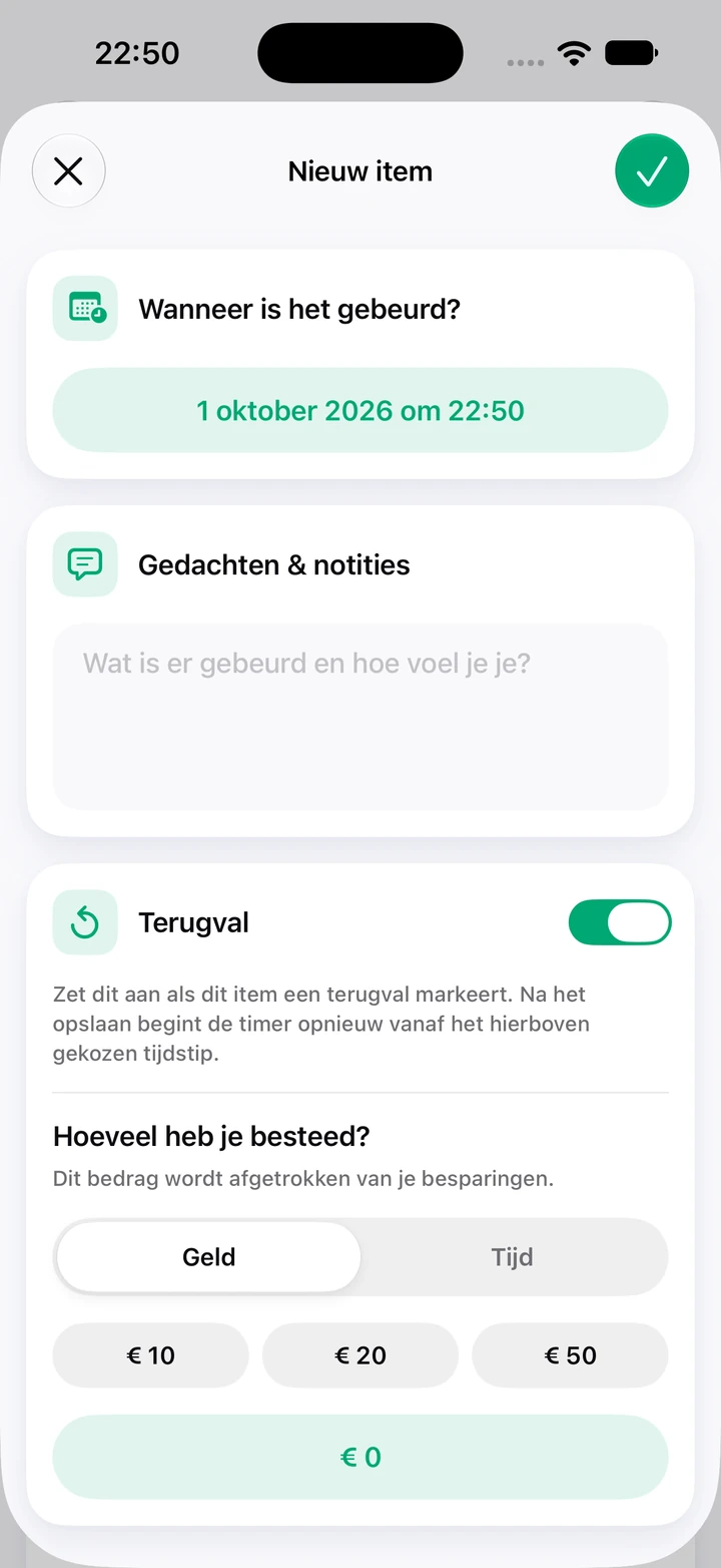 Nieuw item in het dagboek: datum en tijd, gedachten en notities, de schakelaar Terugval aan en een veld voor het bestede geld