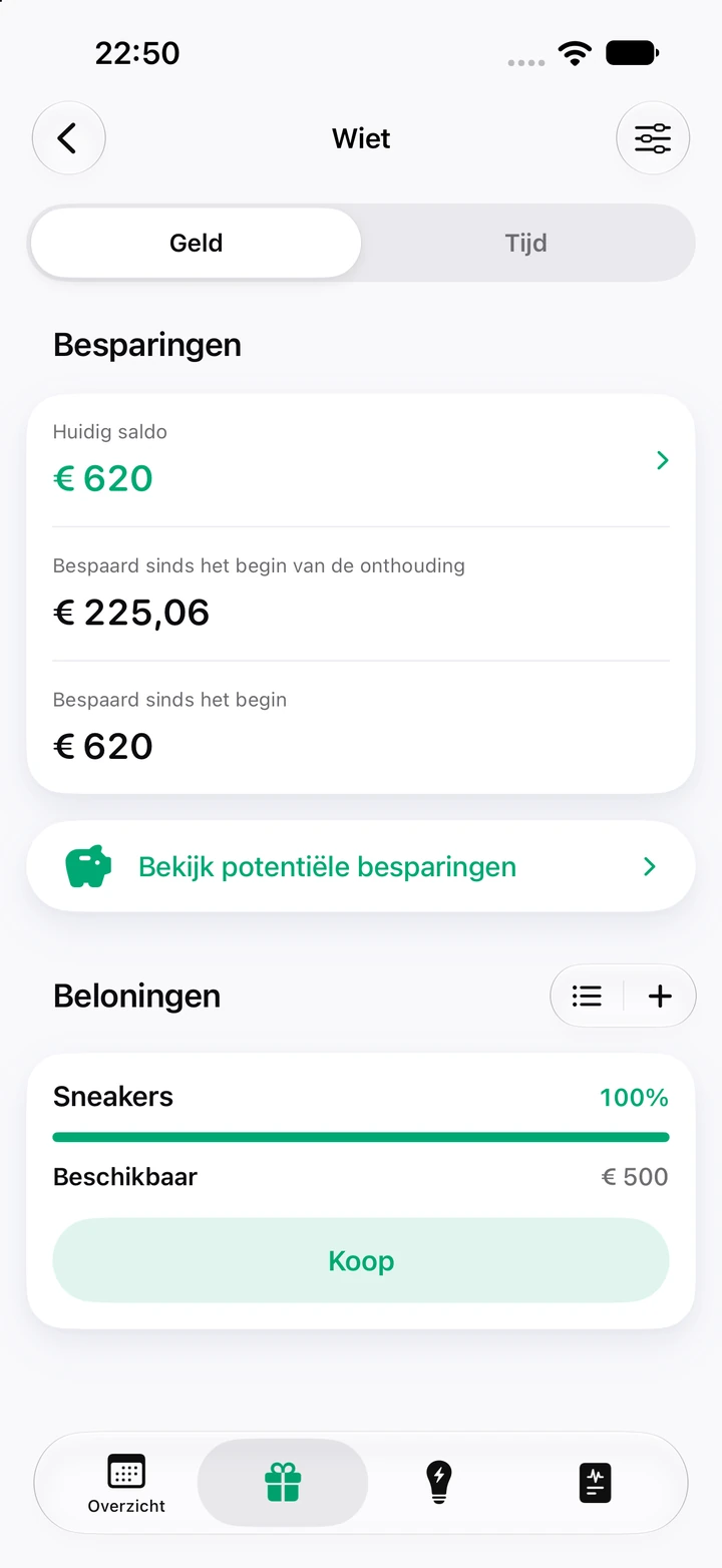 Besparingen voor wiet: een huidig saldo van € 620, € 225,06 bespaard sinds het begin van de onthouding en de beloning Sneakers van € 500, klaar om te kopen