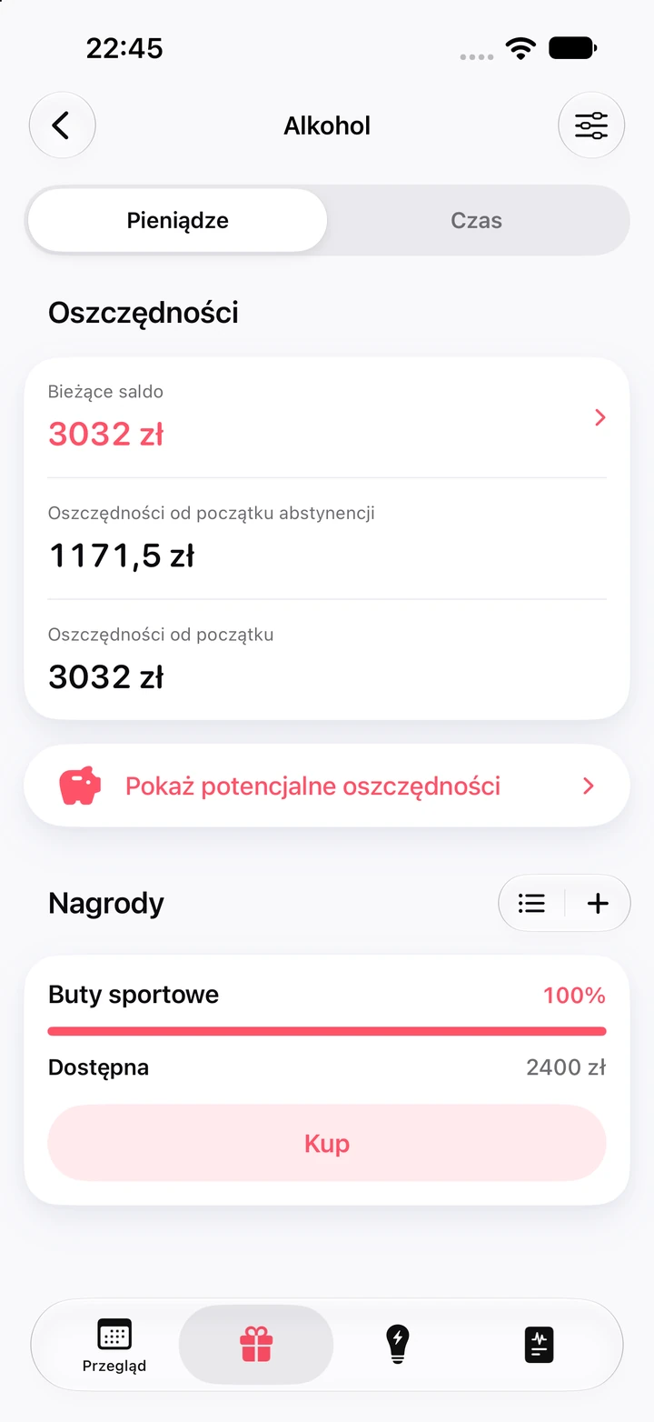 Ekran oszczędności dla alkoholu: saldo 3032 zł, 1171,5 zł od początku abstynencji i nagroda „Buty sportowe” za 2400 zł oznaczona jako dostępna, z przyciskiem „Kup”