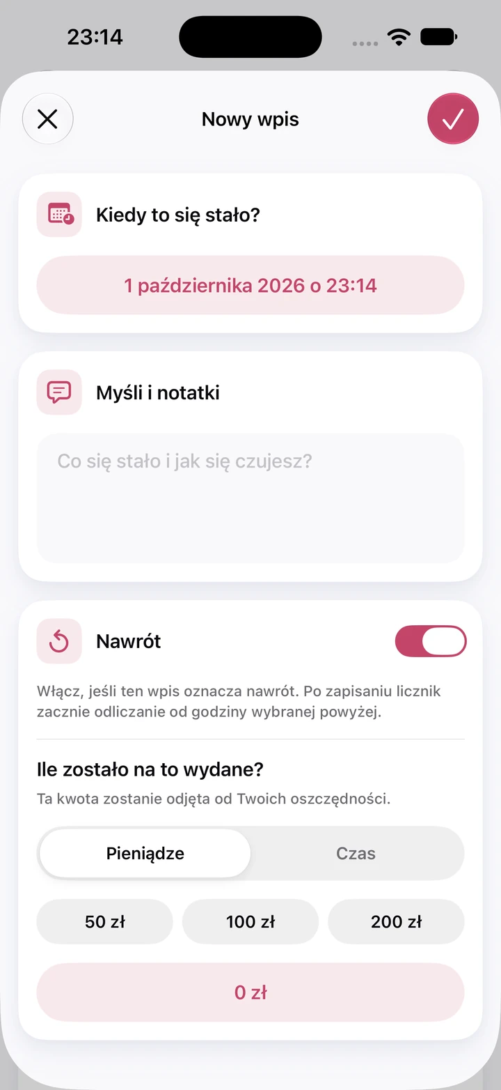Nowy wpis w dzienniku: puste pole „Myśli i notatki”, włączony przełącznik „Nawrót” i pole wydanych pieniędzy ustawione na 0 zł
