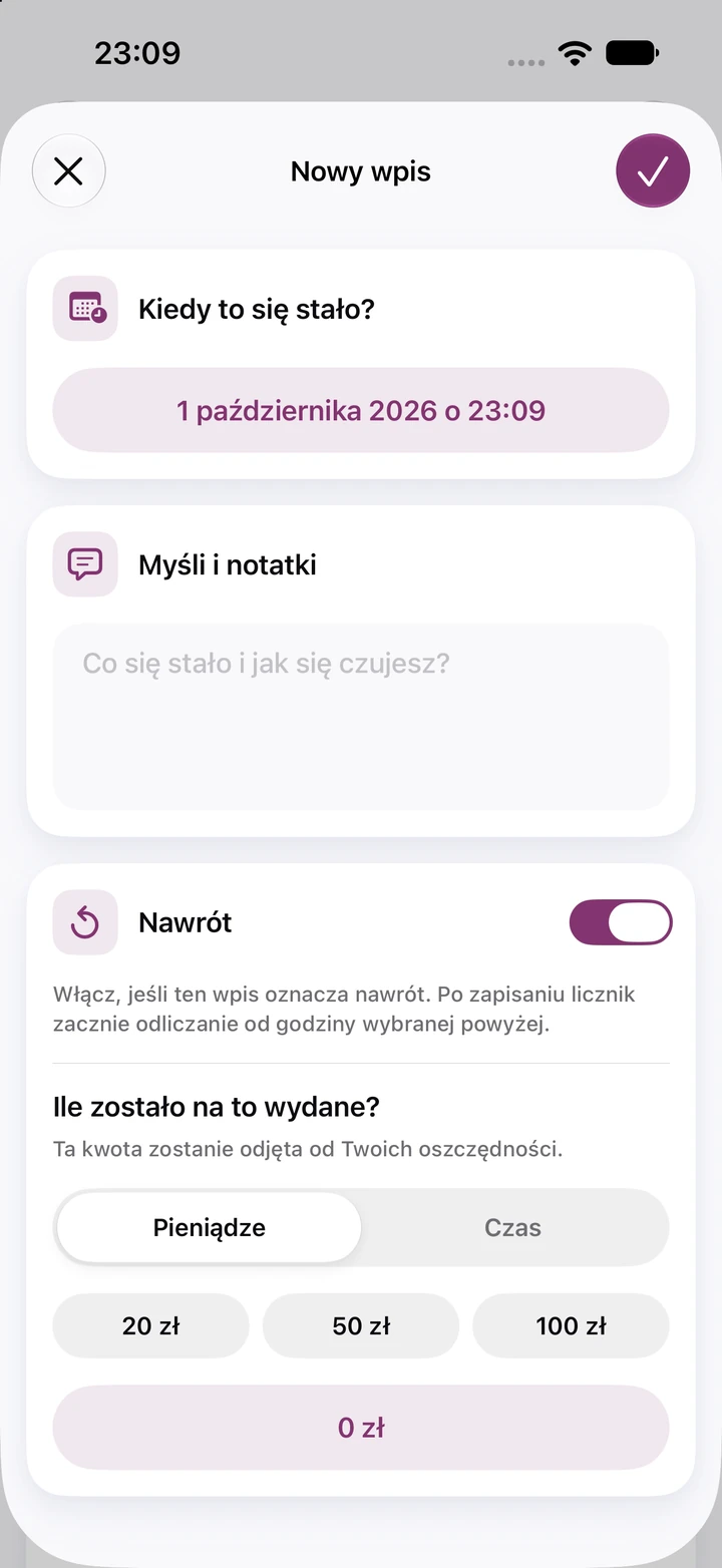 Nowy wpis w dzienniku z włączonym przełącznikiem „Nawrót”, pustym polem „Myśli i notatki” i szybkimi kwotami wydanych pieniędzy