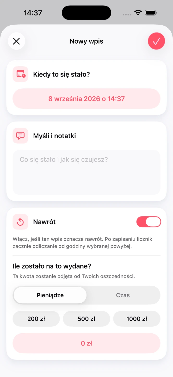 Nowy wpis w dzienniku z polem na notatki, przełącznikiem nawrotu i kwotą wydanych pieniędzy