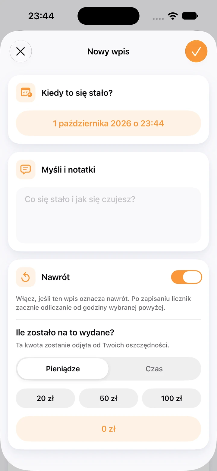 Nowy wpis w dzienniku: puste pole „Myśli i notatki”, włączony przełącznik „Nawrót” i przyciski 20 zł, 50 zł i 100 zł na wydaną kwotę