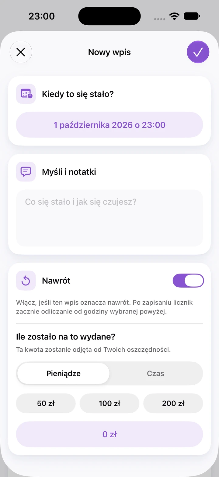 Nowy wpis w dzienniku z włączonym przełącznikiem nawrotu i polem na wydane pieniądze z opcjami 50 zł, 100 zł i 200 zł