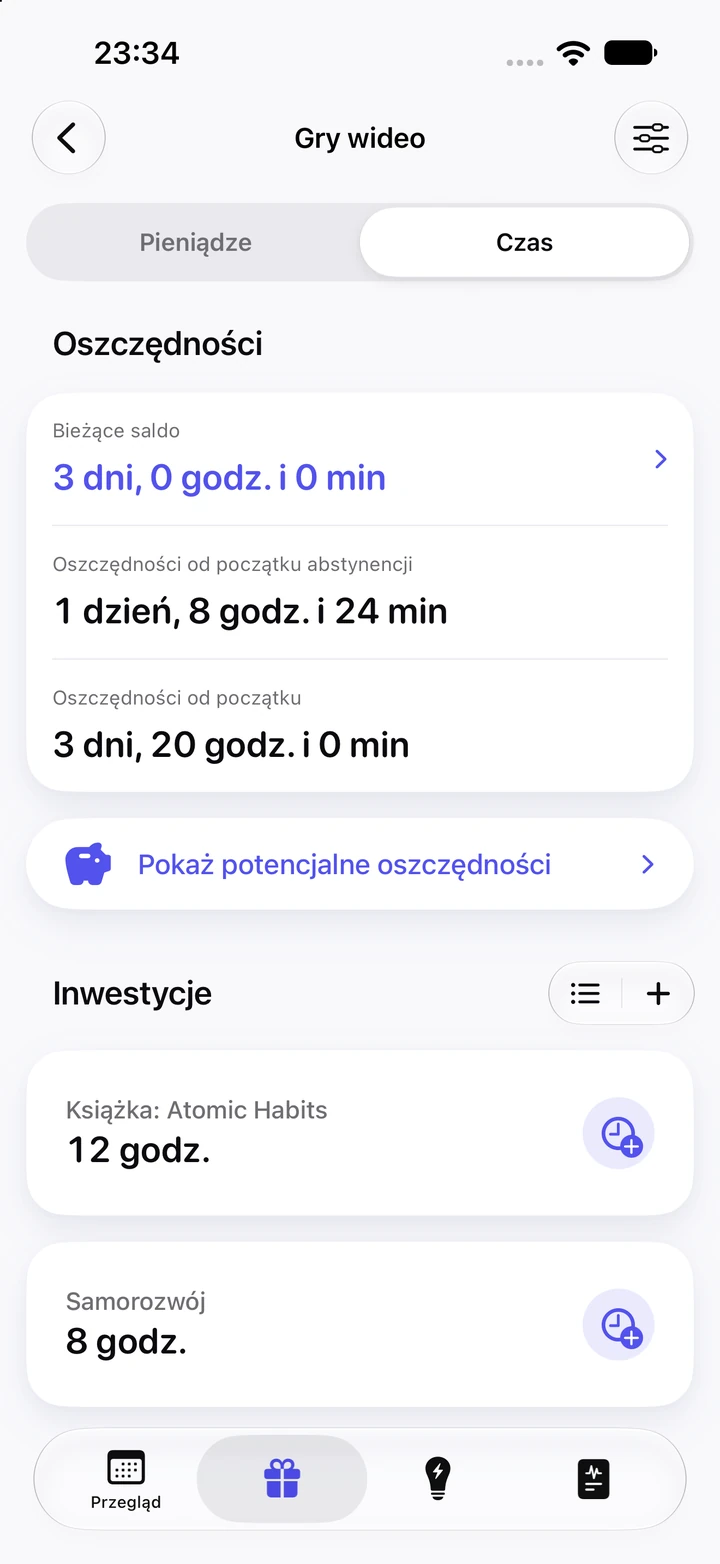 Zakładka „Czas” dla gier wideo: bieżące saldo 3 dni, 1 dzień 8 godz. 24 min zaoszczędzone od początku abstynencji oraz 12 godzin zainwestowanych w książkę i 8 godzin w samorozwój