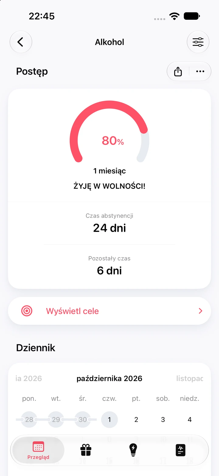 Ekran postępu w aplikacji Quitzilla: Alkohol