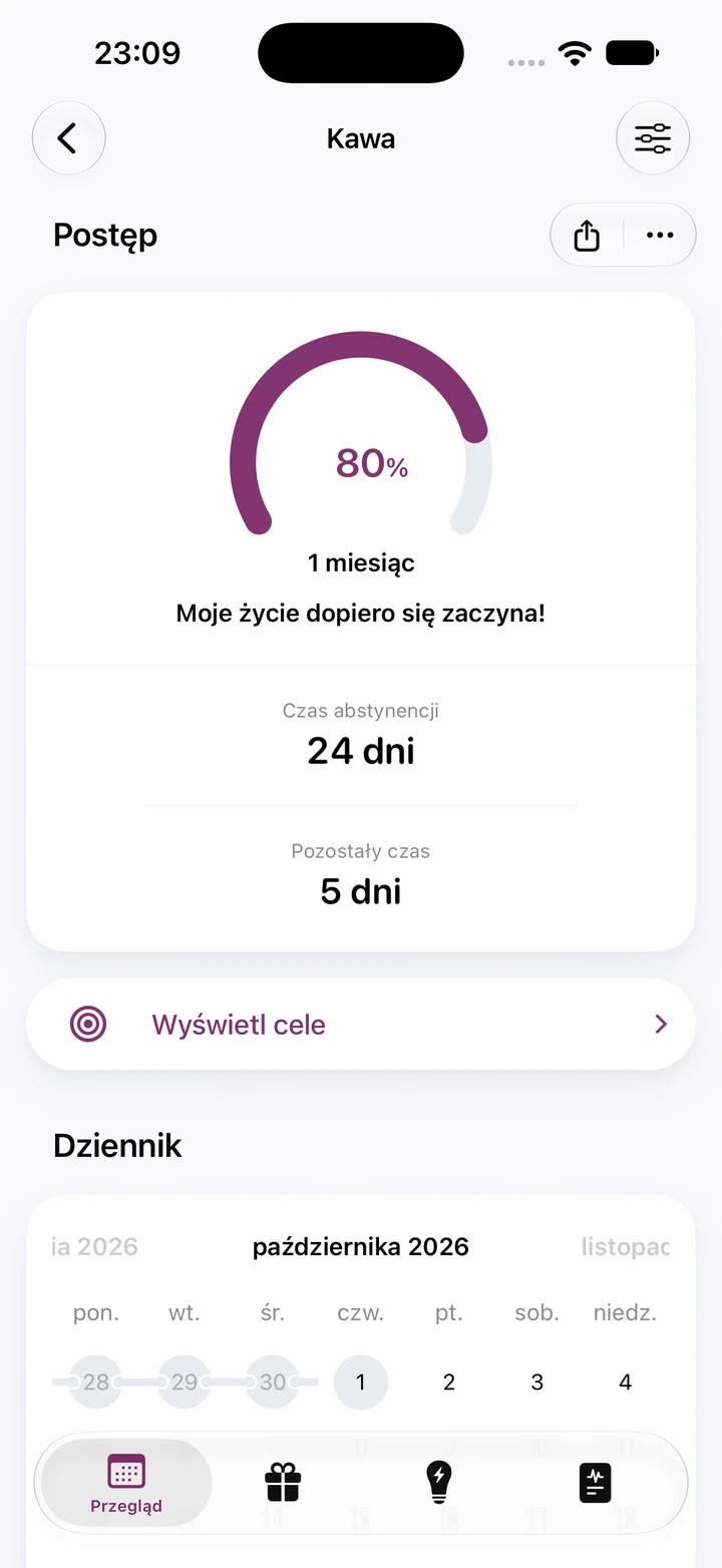 Ekran postępu w aplikacji Quitzilla: Kawa