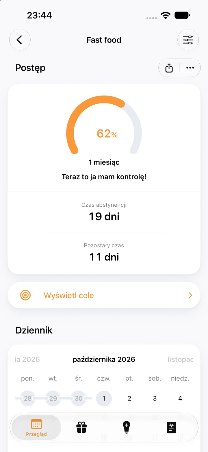 Ekran postępu w aplikacji Quitzilla: Fast food