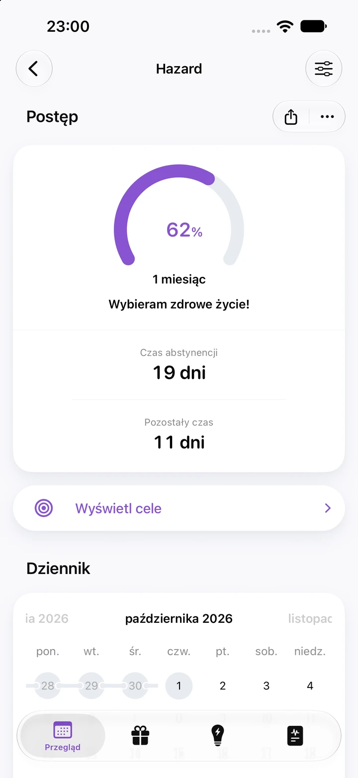 Ekran postępu w aplikacji Quitzilla: Hazard