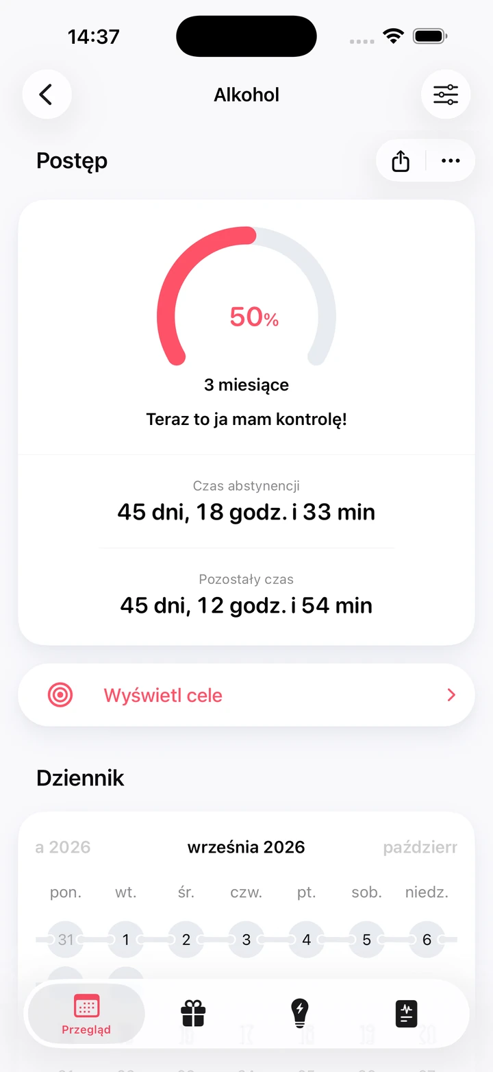 Ekran postępu dla alkoholu: 50% celu „3 miesiące” po 45 dniach abstynencji