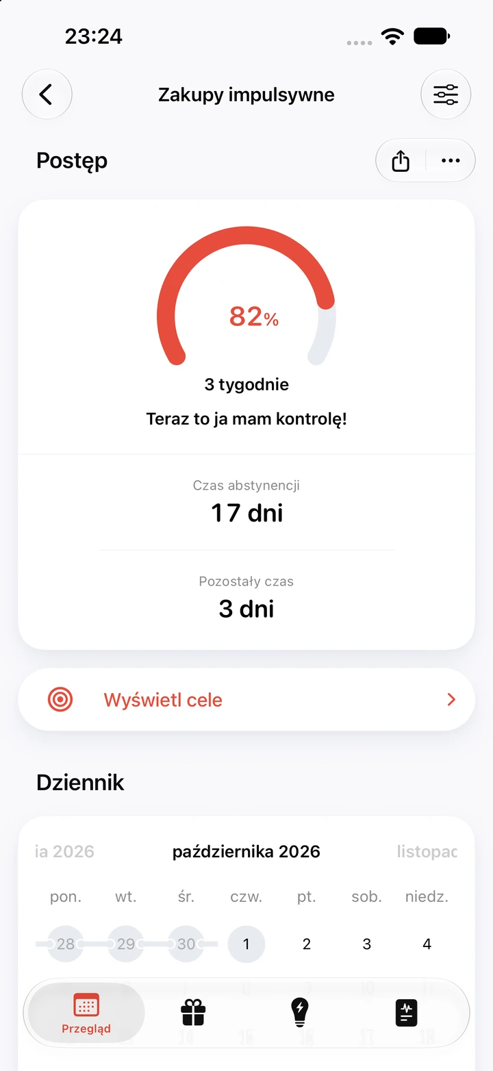 Ekran postępu w aplikacji Quitzilla: Zakupy impulsywne