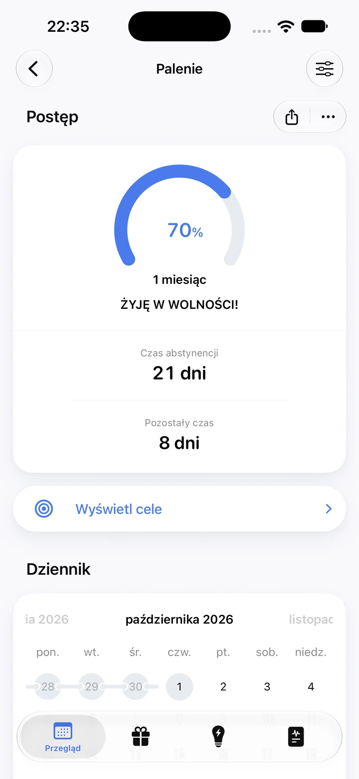 Ekran postępu dla palenia: 21 dni bez papierosa i 70% celu „1 miesiąc”, zostało 8 dni