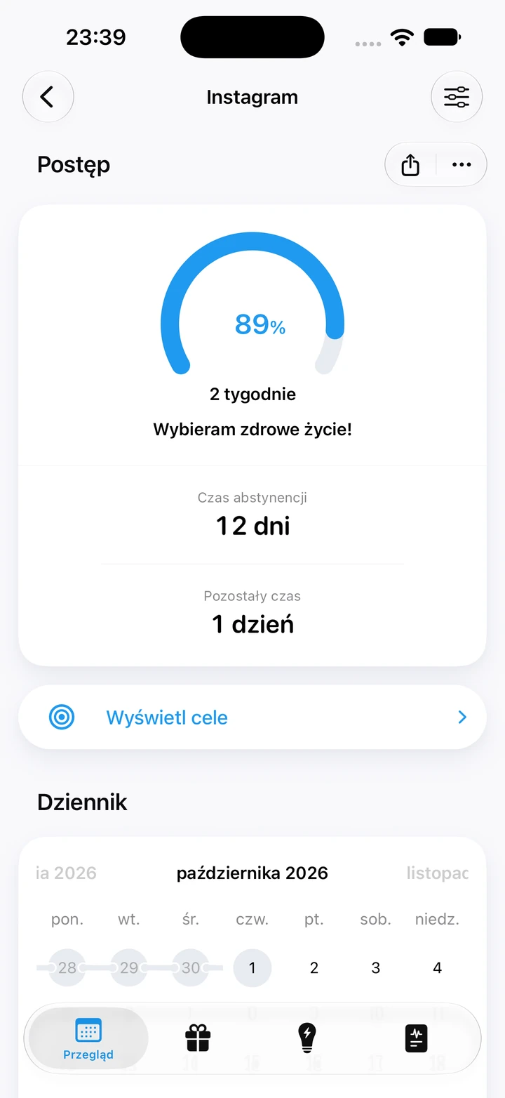 Ekran postępu w aplikacji Quitzilla: Social media