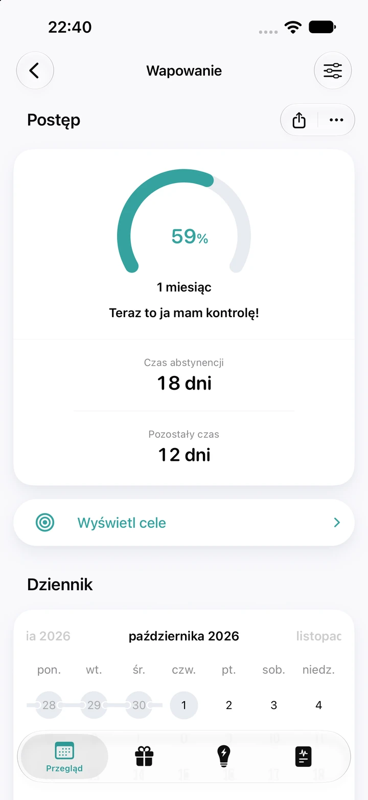 Ekran postępu dla wapowania: pierścień na 59% celu „1 miesiąc”, 18 dni abstynencji i 12 dni do celu
