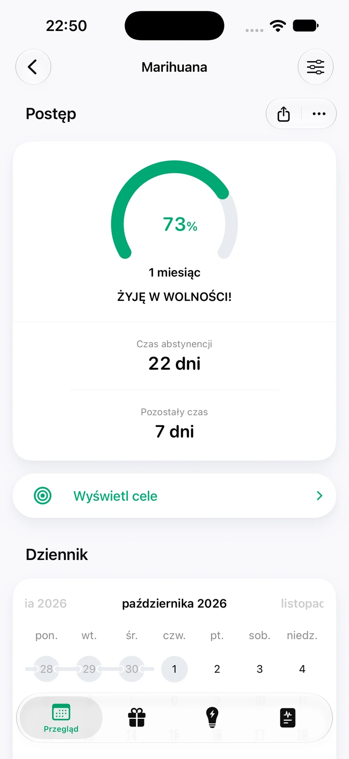 Ekran postępu dla marihuany: 22 dni abstynencji i 73% celu „1 miesiąc”, zostało 7 dni