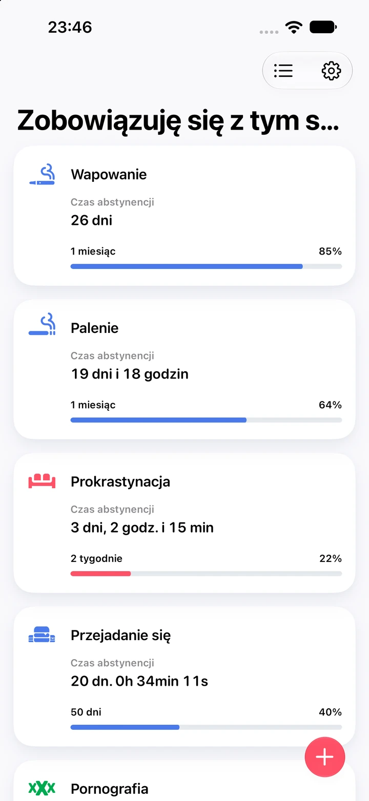 Główny ekran Quitzilla z licznikami abstynencji: wapowanie od 26 dni, palenie od 19 dni i 18 godzin, a niżej prokrastynacja, przejadanie się i pornografia