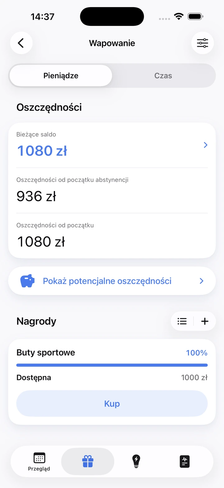 Oszczędności na wapowaniu: bieżące saldo 1080 zł i nagroda „Buty sportowe” za 1000 zł gotowa do kupienia