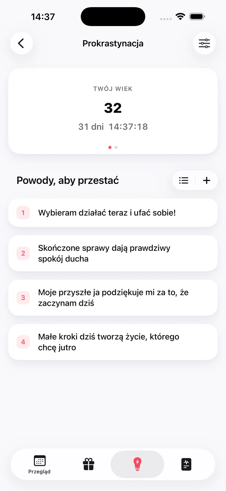 Własne powody rzucenia prokrastynacji wypisane pod licznikiem wieku