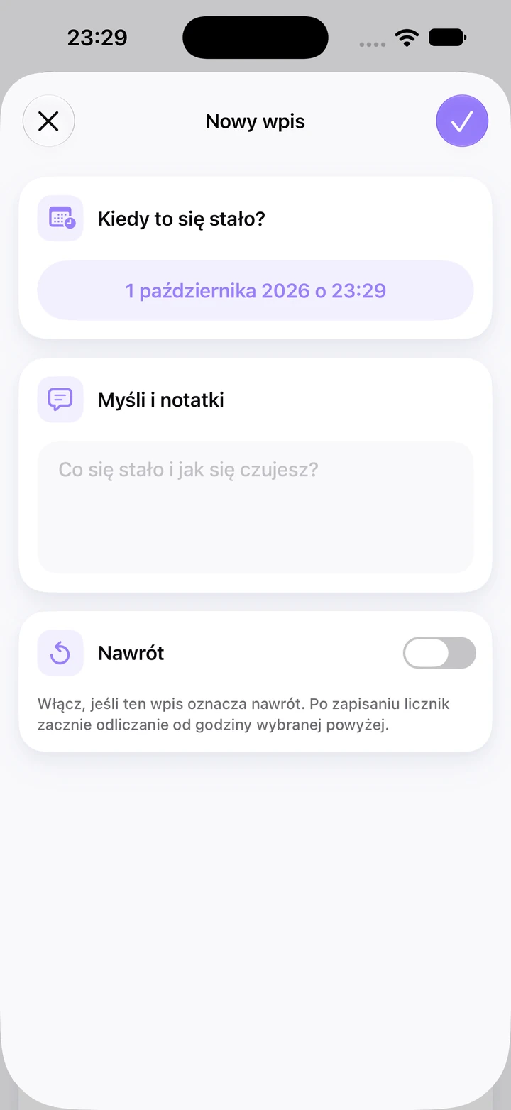 Nowy wpis w dzienniku dla obgryzania paznokci z 1 października 2026 o 23:29, z pustym polem „Myśli i notatki” i wyłączonym przełącznikiem „Nawrót”