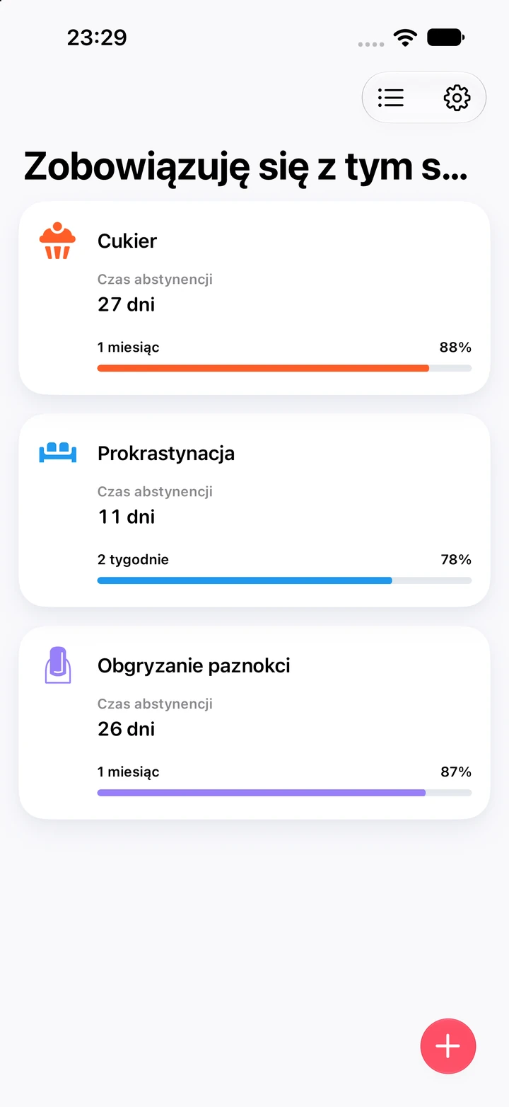 Lista nawyków Quitzilla pod tytułem „Zobowiązuję się z tym skończyć”: Obgryzanie paznokci od 26 dni i 87% celu „1 miesiąc”, a nad nim Cukier od 27 dni i Prokrastynacja od 11 dni