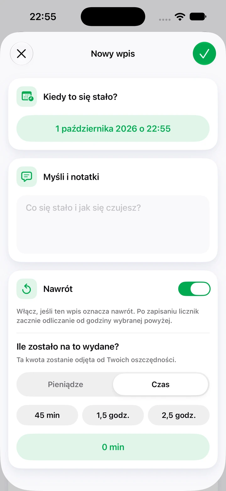 Nowy wpis w dzienniku z polem na notatki, włączonym przełącznikiem nawrotu i wyborem poświęconego czasu