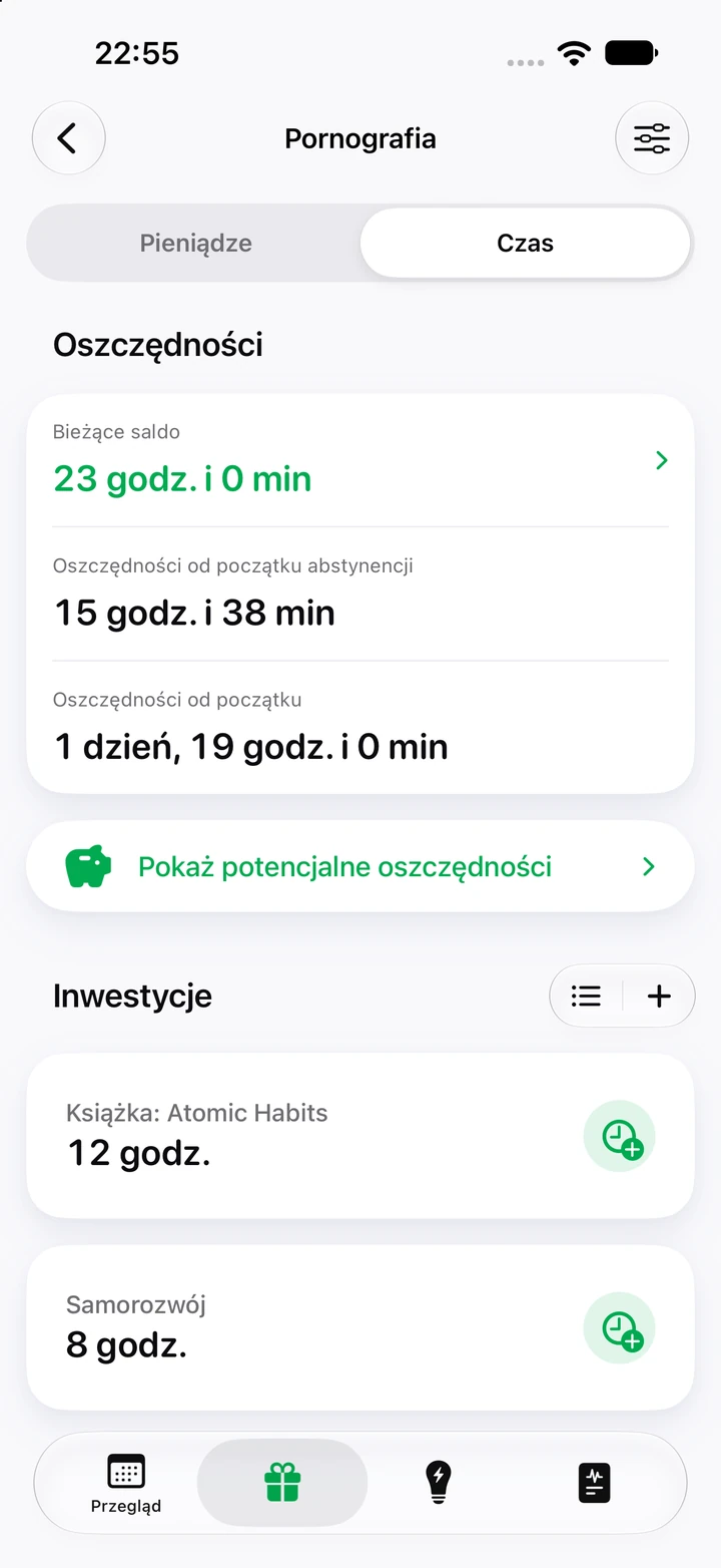 Zakładka „Czas” dla pornografii: saldo 23 godziny, 15 godz. 38 min zaoszczędzone od początku abstynencji i godziny zainwestowane w książkę oraz samorozwój