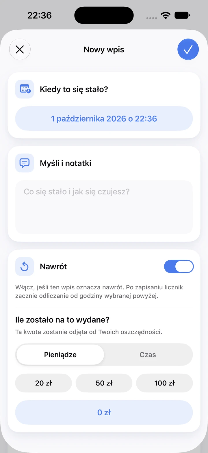 Nowy wpis w dzienniku z polem na notatki, przełącznikiem nawrotu i kwotą wydanych pieniędzy