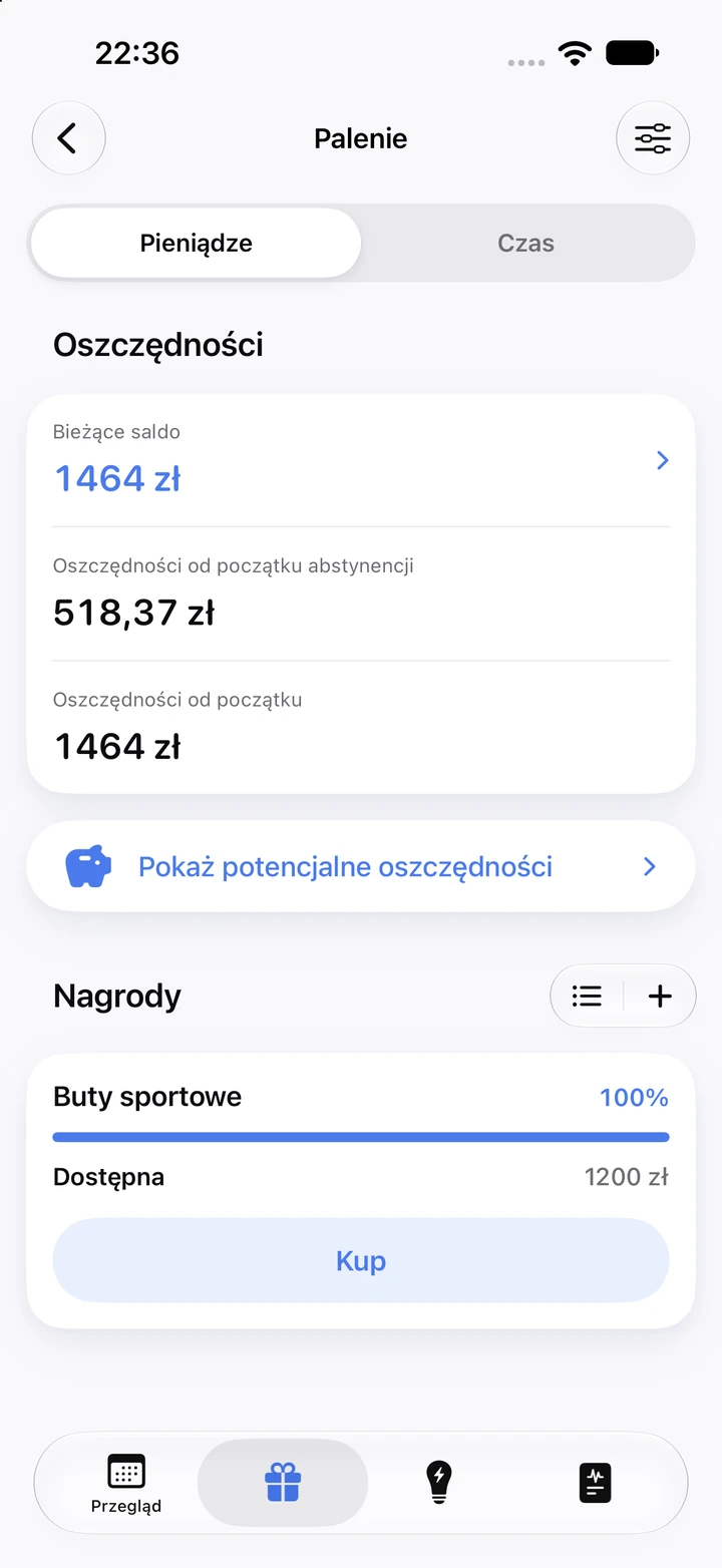 Oszczędności na paleniu: saldo 1464 zł i nagroda „Buty sportowe” gotowa do kupienia