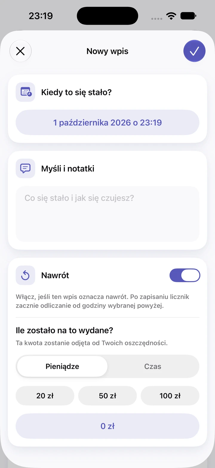 Nowy wpis w dzienniku z 1 października 2026 o 23:19: puste pole „Myśli i notatki”, włączony przełącznik „Nawrót” i opcje 20 zł, 50 zł i 100 zł wydanych pieniędzy