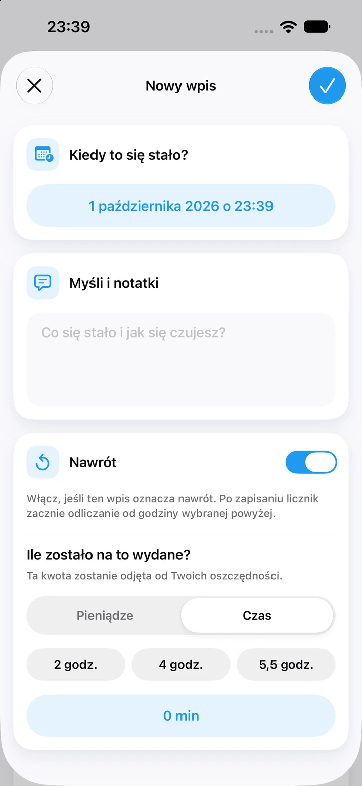 Wpis o nawrocie w dzienniku ustawiony na poświęcony czas, z szybkim wyborem 2, 4 i 5,5 godziny i pustym polem na notatki