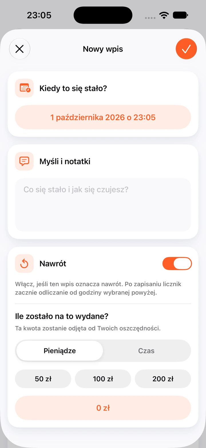 Nowy wpis w dzienniku z datą, pustym polem na notatki, włączonym przełącznikiem nawrotu i szybkimi kwotami wydanych pieniędzy